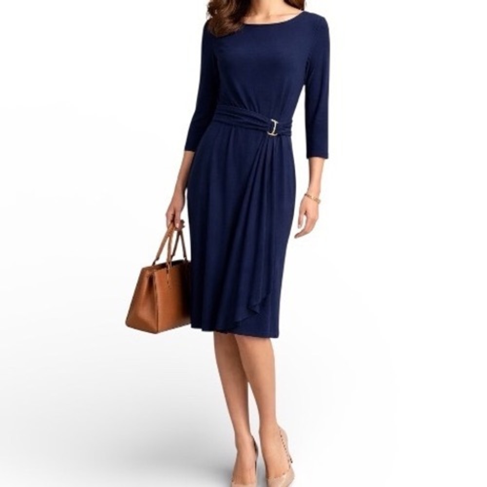 Lauren Ralph‎ Lauren Navy Draped Waist Gold Buckle Jersey Dress Careerwear 14